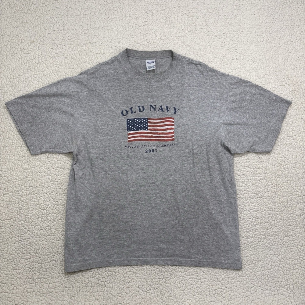 Vintage Old Navy 2001 American Flag Graphic T-Shirt Gray Mens Large USA Tee